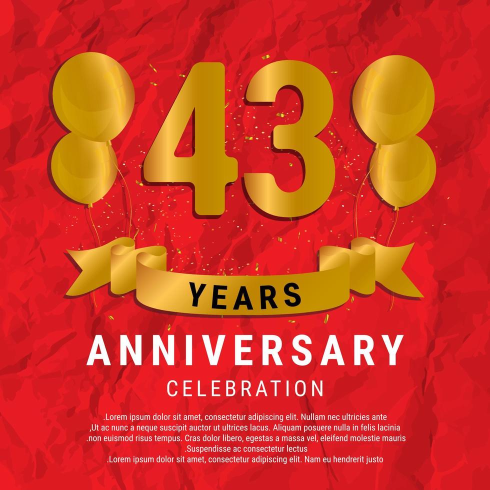 43 Years Anniversary celebration. Luxury happy birthday card background with elements balloons and ribbon with glitter effects. Abstract Red with Confetti and Golden Ribbon. Vector Illustration EPS10