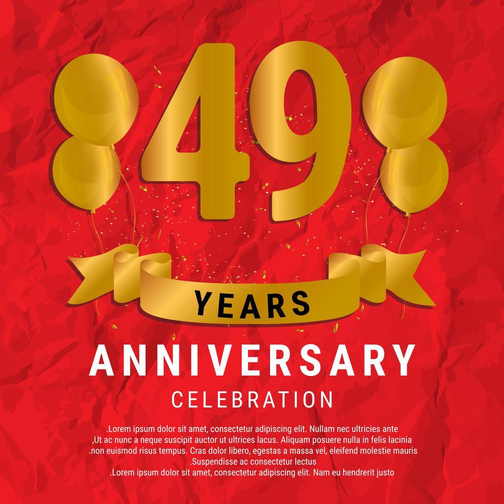 49 Years Anniversary celebration. Luxury happy birthday card background with elements balloons and ribbon with glitter effects. Abstract Red with Confetti and Golden Ribbon. Vector Illustration EPS10