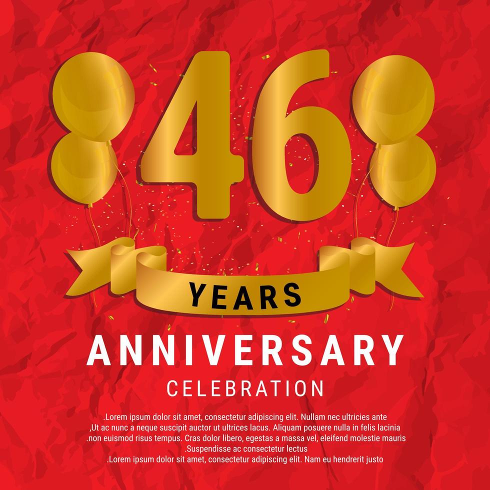 46 Years Anniversary celebration. Luxury happy birthday card background with elements balloons and ribbon with glitter effects. Abstract Red with Confetti and Golden Ribbon. Vector Illustration EPS10