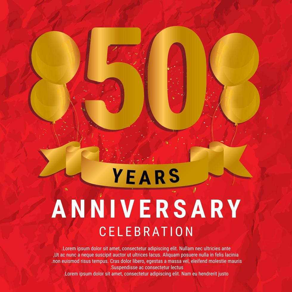 50 Years Anniversary celebration. Luxury happy birthday card background with elements balloons and ribbon with glitter effects. Abstract Red with Confetti and Golden Ribbon. Vector Illustration EPS10