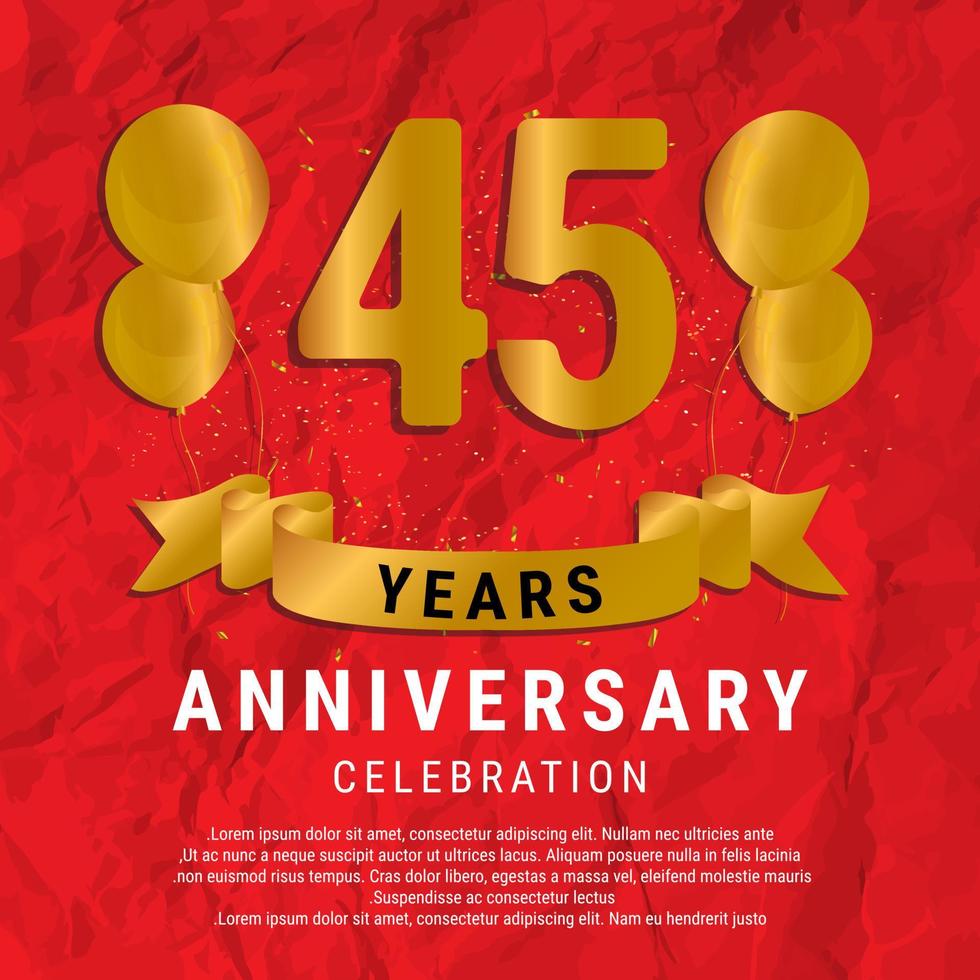 45 Years Anniversary celebration. Luxury happy birthday card background with elements balloons and ribbon with glitter effects. Abstract Red with Confetti and Golden Ribbon. Vector Illustration EPS10