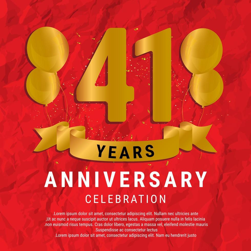41 Years Anniversary celebration. Luxury happy birthday card background with elements balloons and ribbon with glitter effects. Abstract Red with Confetti and Golden Ribbon. Vector Illustration EPS10