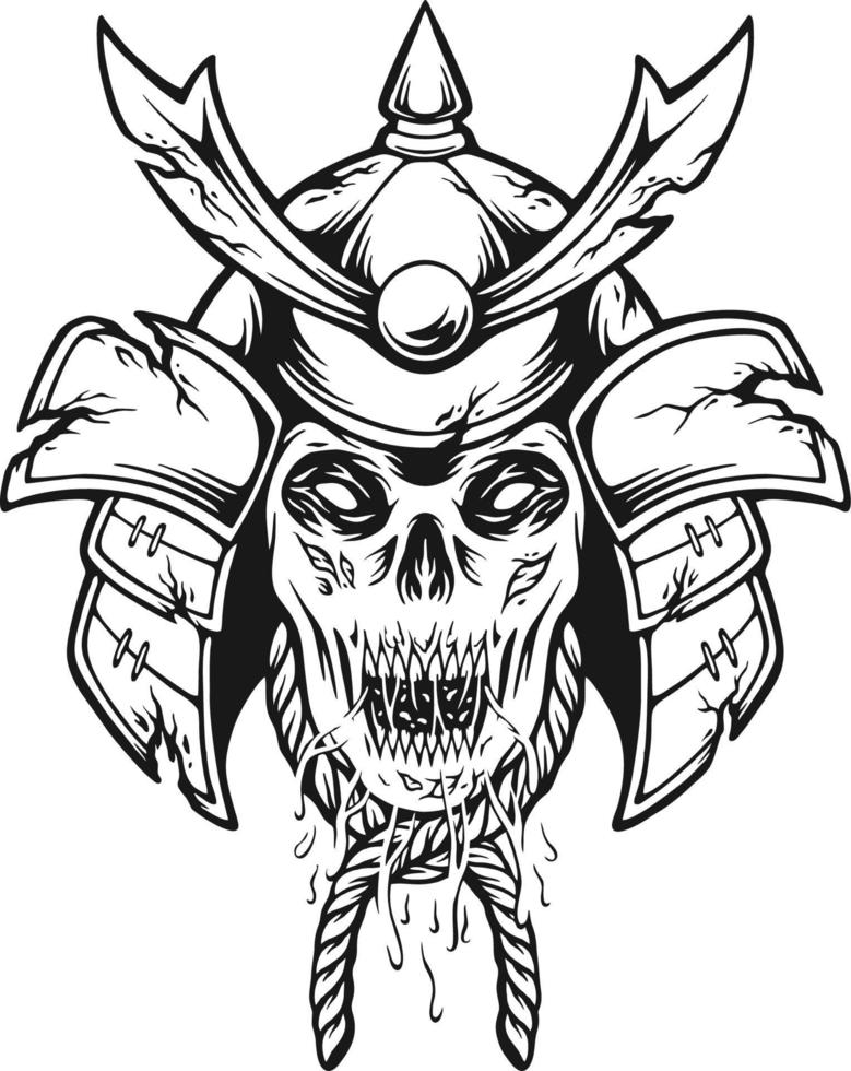 Scary ronin skull head warrior helmet monochrome vector