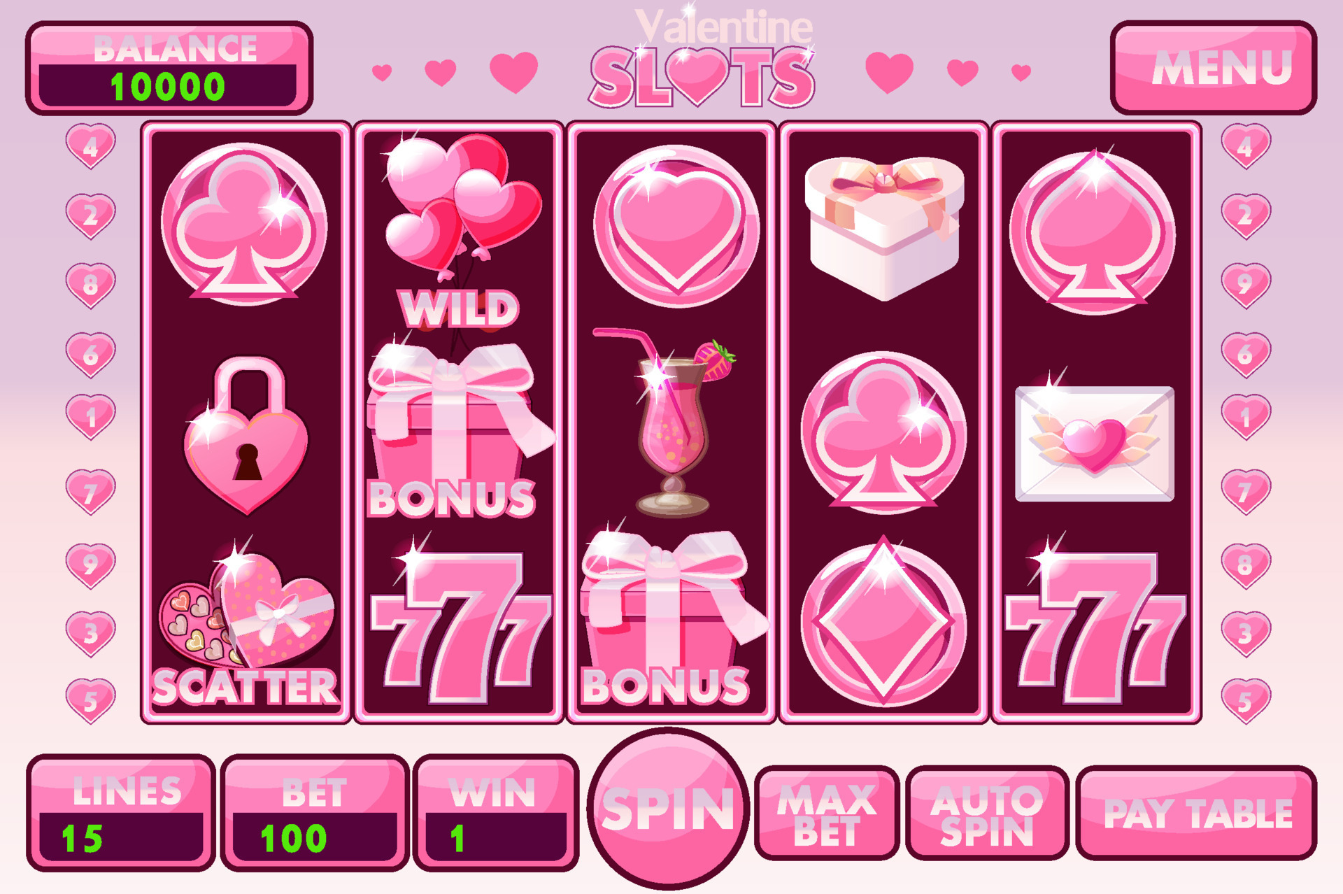 Vector Interface slot machine style St. Valentine. Complete menu of