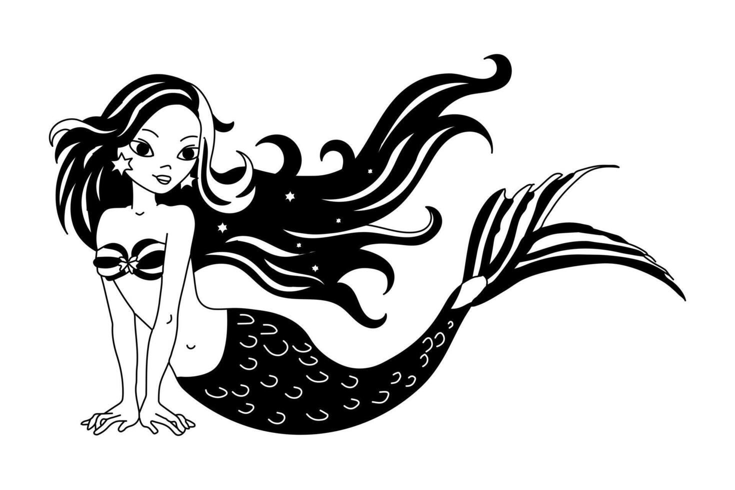 Magic cartoon mermaid, black and white design. Sketch for children's ...