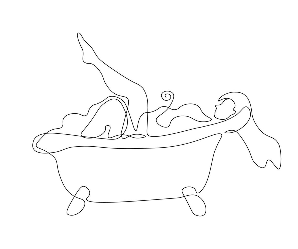 girl taking a bath,hand drawn, continuous mono line, one line art vector