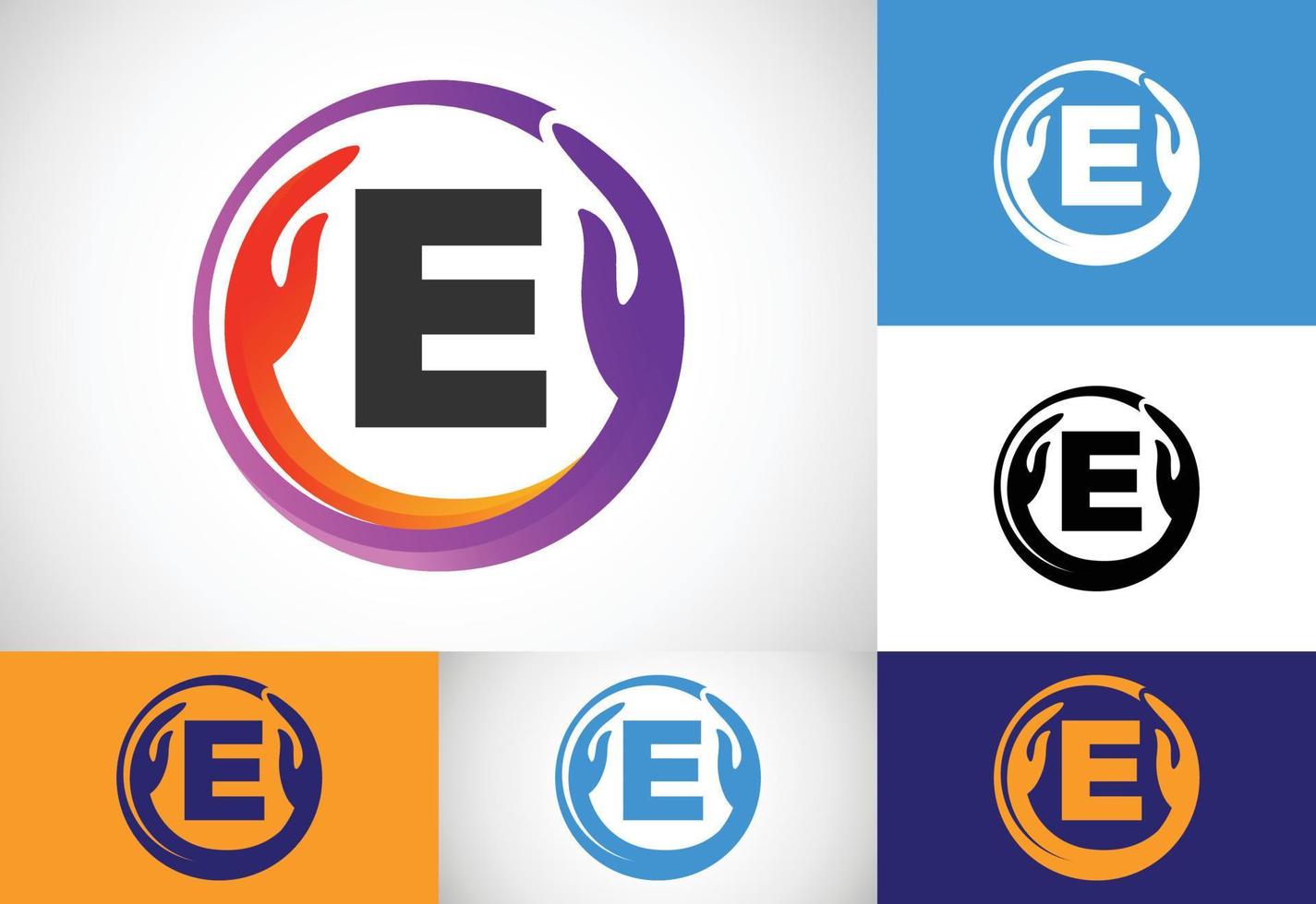 Initial E monogram letter with safe hands. Professional charity teamwork and foundation logo design vector