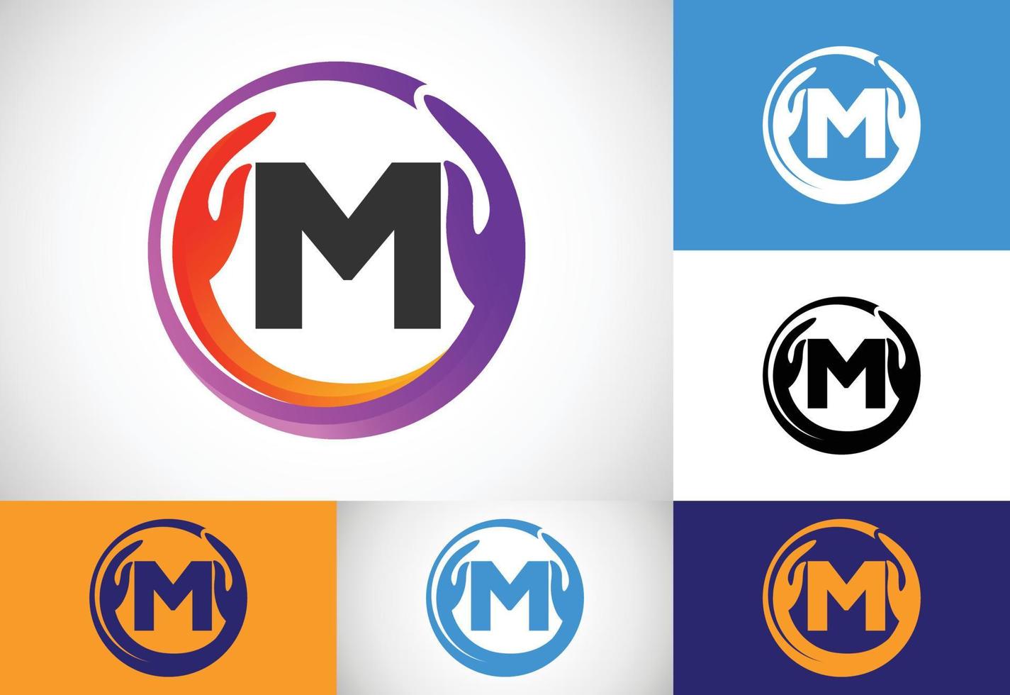 Initial M monogram letter with safe hands. Professional charity teamwork and foundation logo design vector