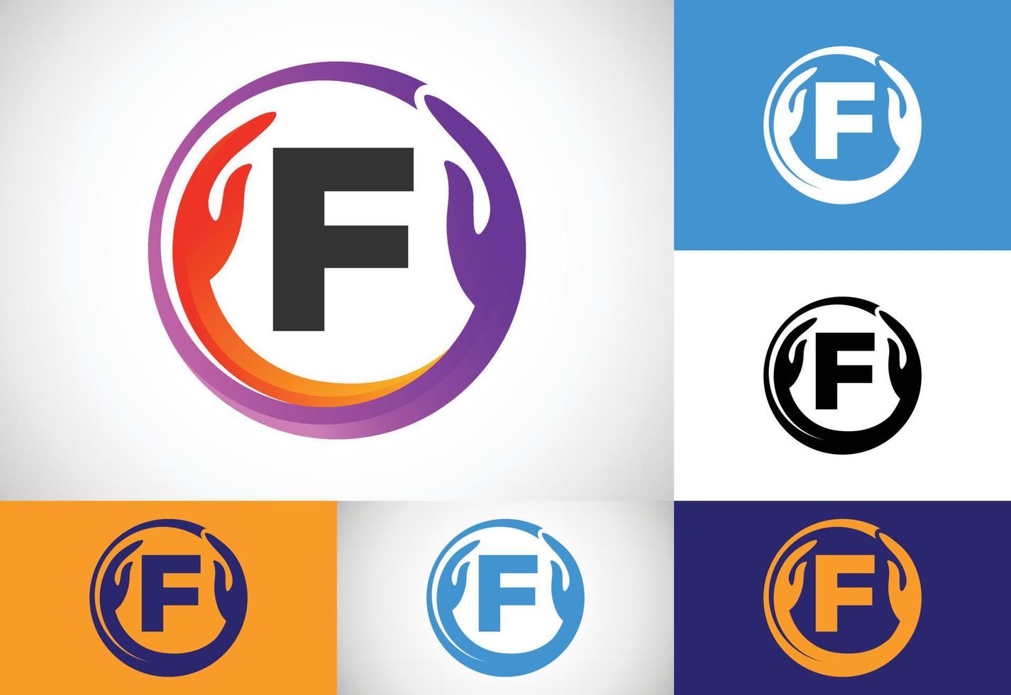 Initial F monogram letter with safe hands. Professional charity teamwork and foundation logo design vector