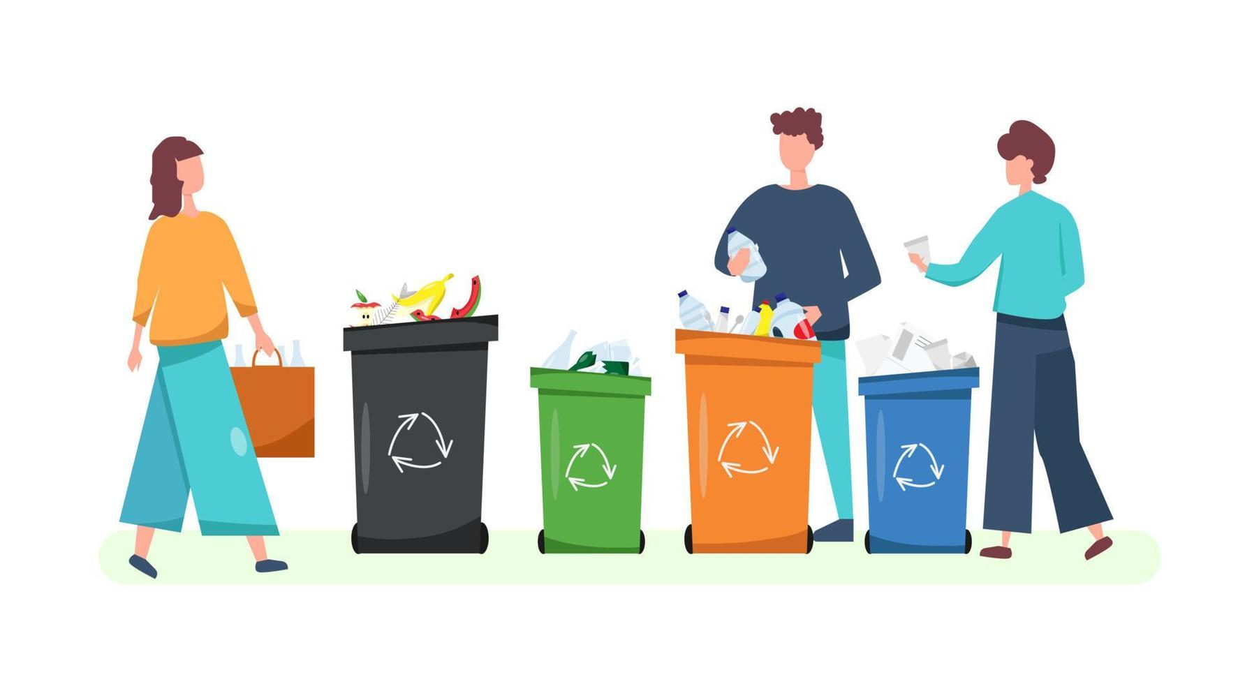 Set of people sorting the garbage. Zero waste concept vector