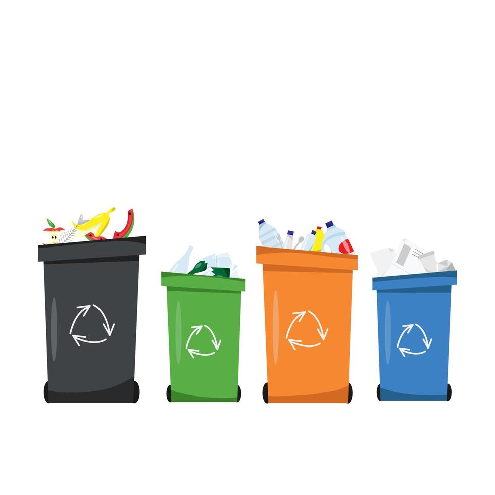 clasificación de residuos, clasificación de residuos para reciclar, clasificación de basura, contenedores de reciclaje. vector