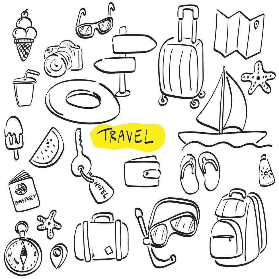 travel set illustration vector hand drawn isolated on white background line art.