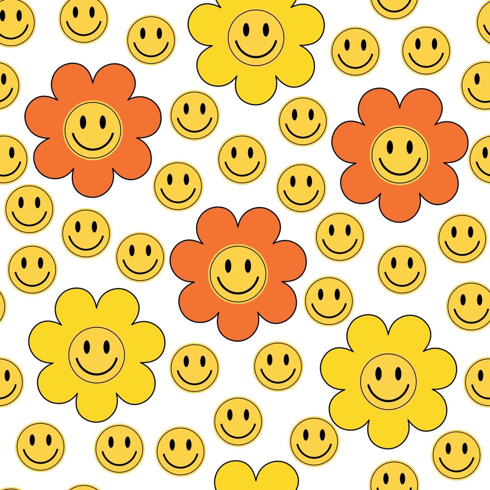 Y2k seamless retro style floral pattern. Yellow and orange colored emoji and flowers for textile. vector