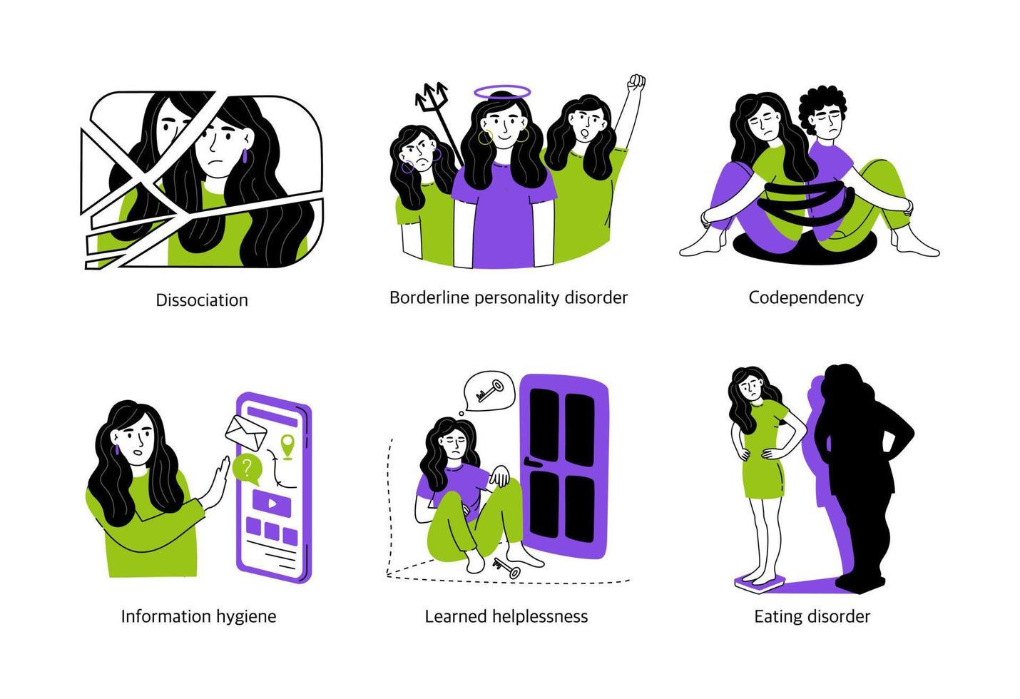 Set of concepts of mental health and psychology. Psychological disorders, various positive, negative states of people. Vector illustration isolated on a white background.