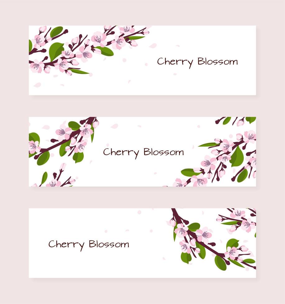 Three banners with fresh pink decorative cherry blossoms or cherry blossoms. Japanese culture. Vector illustration