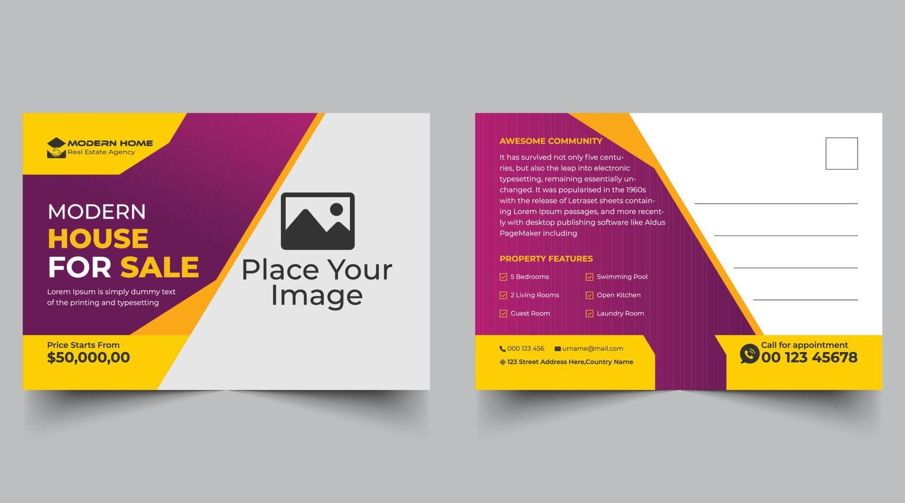 Real Estate Postcard Design Vector Business Template.Modern and Elegant Home For Sale