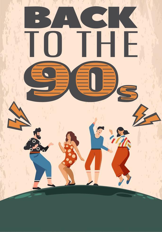 Back to the 90's poster with lettering, people dance party. Event or party invitation design in 1990s style. Vector illustration.