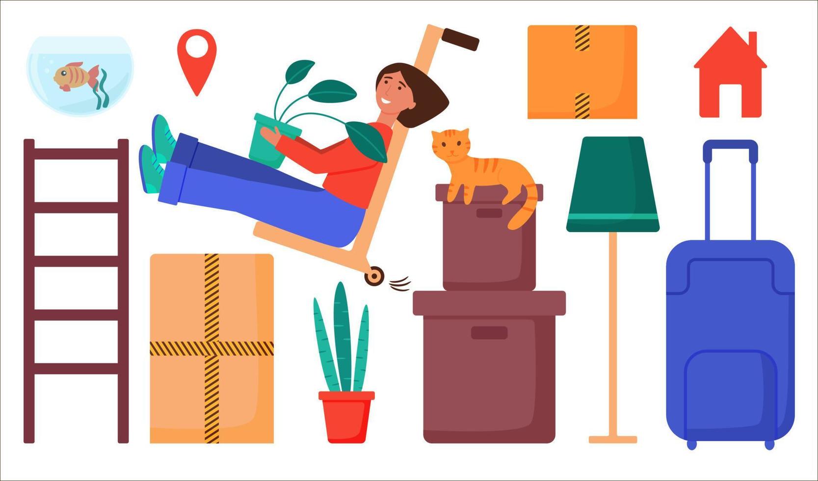 The concept of resettlement. A set of elements for relocation - boxes, a suitcase, a shelf, plants, a cat, a fish in an aquarium. I'm moving into a new house. Isolated flat vector illustration