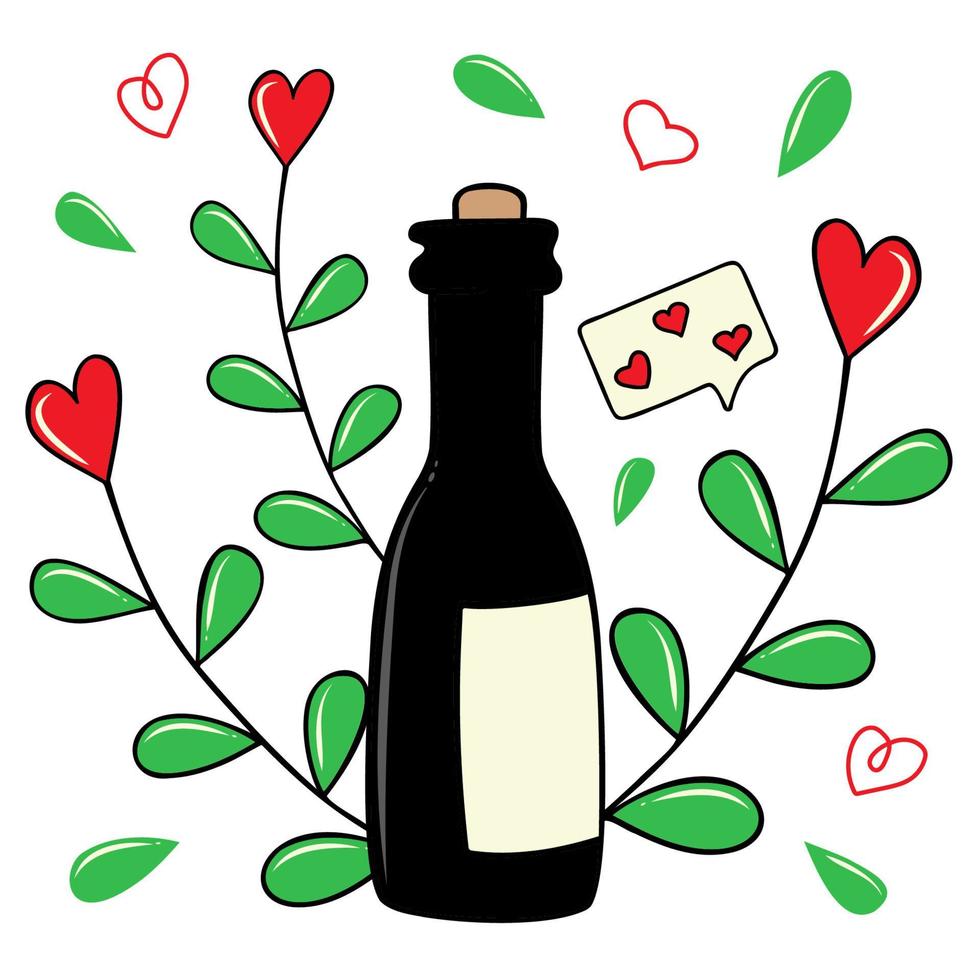 A composition of hand-drawn vector images for Valentine's Day. Decoration for Valentine's Day. A flower with a heart. A bottle of champagne. Love sms message.