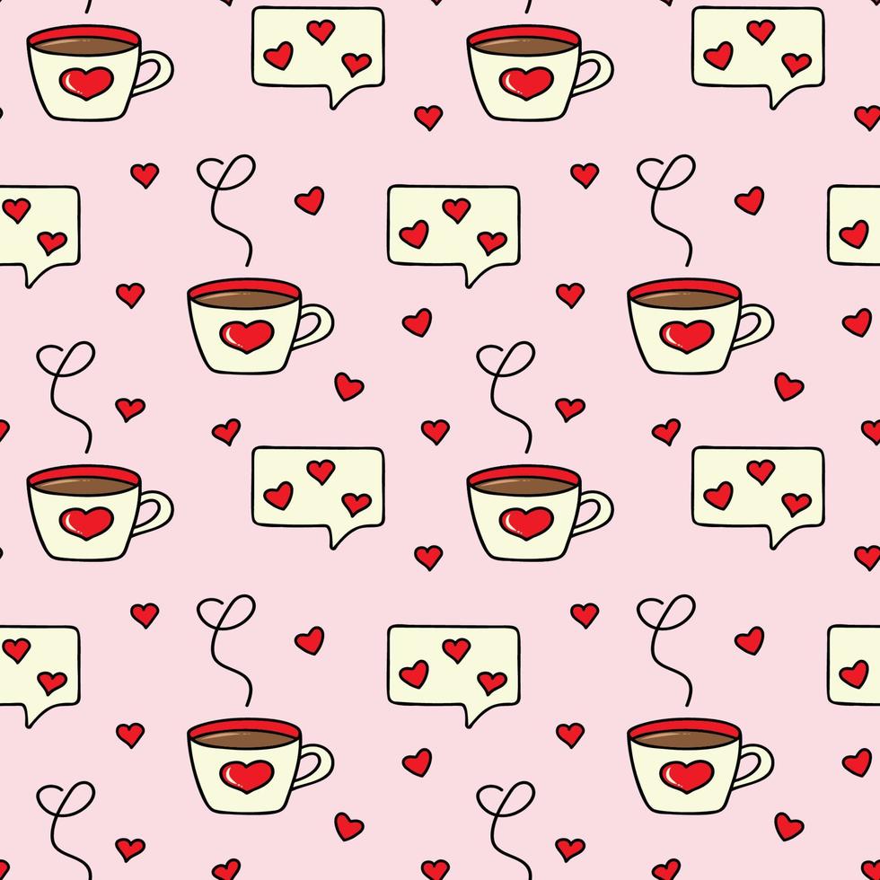 Seamless pattern with a cup of coffee, a love SMS message, hearts. Seamless vector pattern in doodle style. Template for fabric, textiles, wrapping paper, wallpaper and other decorations.
