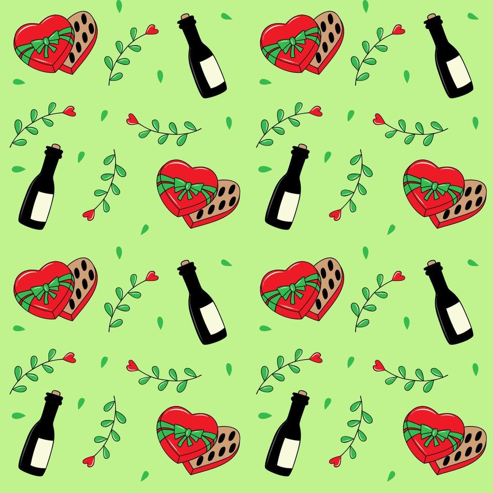 Seamless pattern with a bottle of champagne, a box of chocolates. Seamless vector pattern in doodle style. Template for fabric, textiles, wrapping paper, wallpaper and other decorations.