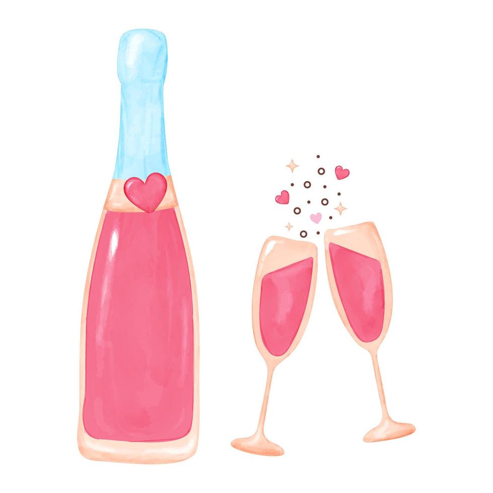 Vector illustration of champagne bottle and glasses. Pink champagne and two glasses filled with bubbly drink for card, banner or poster design.