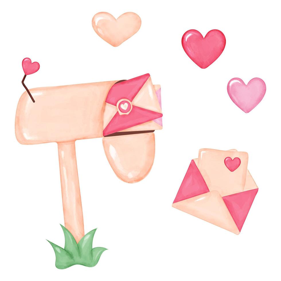 Valentine's Day Vector Set. Pink set of objects for Valentine's Day design for cards, banners or posters in watercolor style. Mailing envelope, mailbox and hearts.