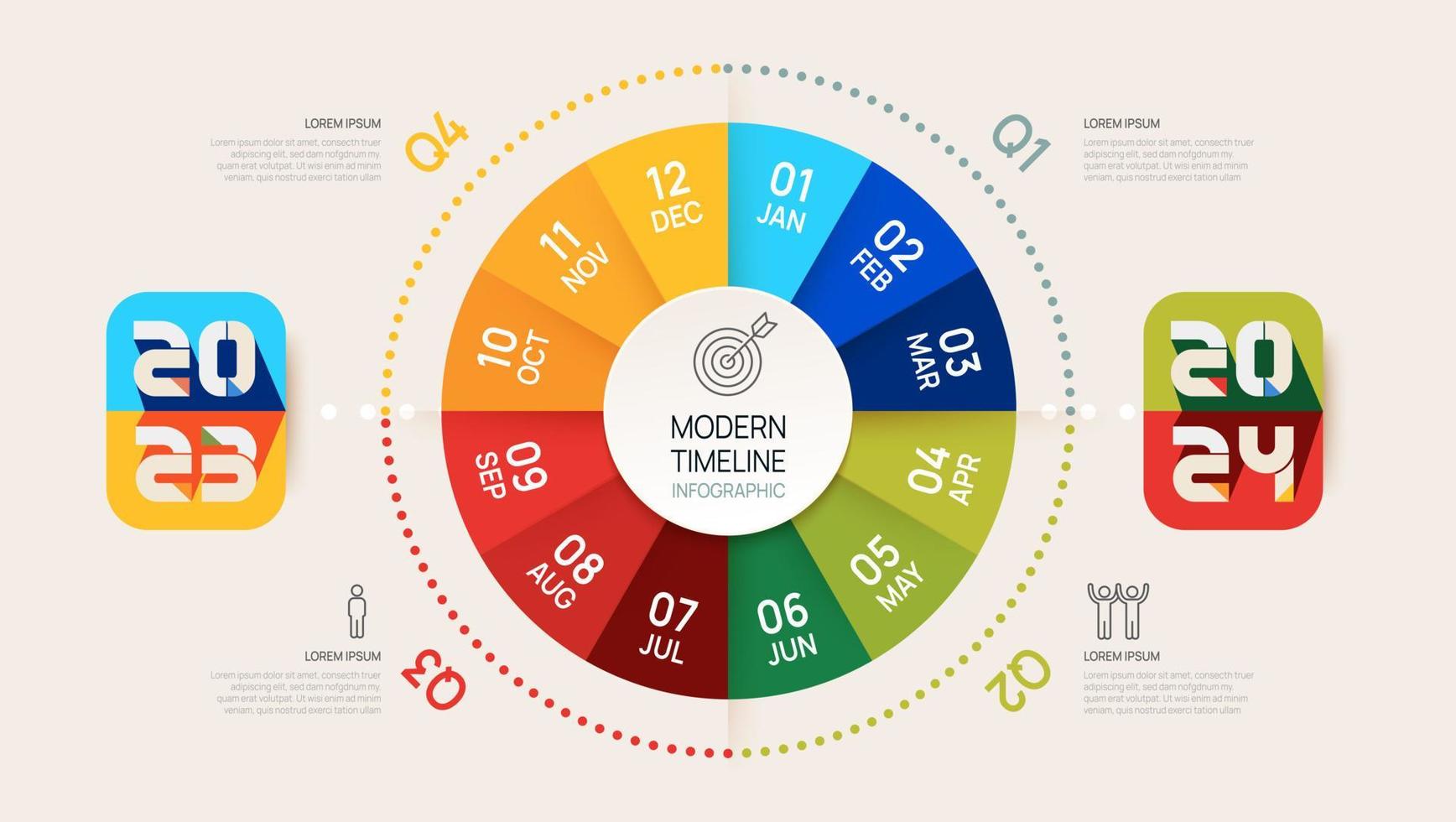 plantilla infográfica 2023 para negocios. calendario de diagrama de línea de tiempo moderno y temas de 4 trimestres, se pueden utilizar para infografías vectoriales, diagramas de flujo, presentaciones, sitios web. vector