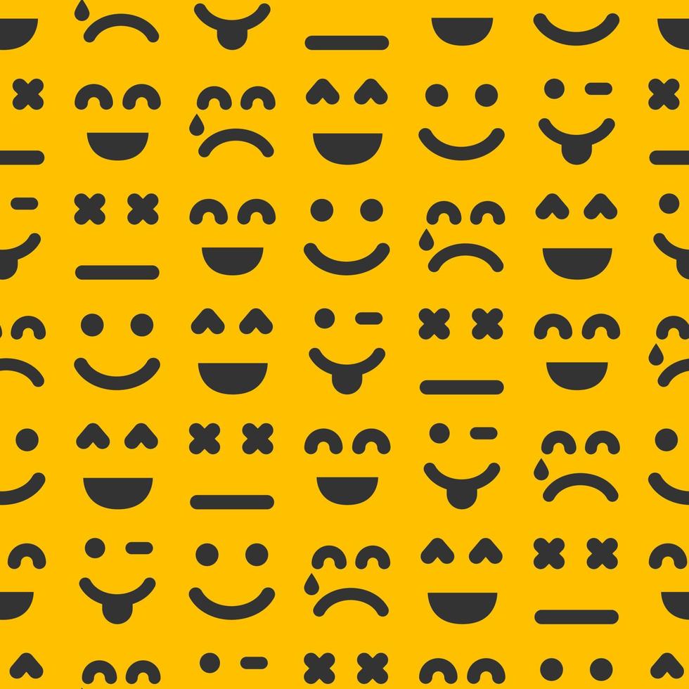 Cartoon faces with emotions. Seamless pattern with different emoticons on yellow background. Vector illustration