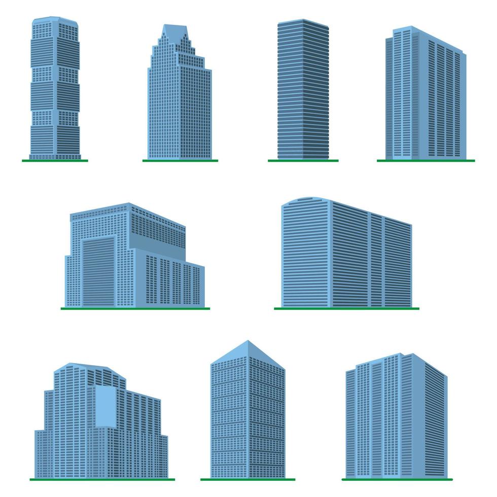 conjunto de nueve edificios modernos de gran altura sobre un fondo blanco. vista del edificio desde abajo. ilustración vectorial isométrica. vector