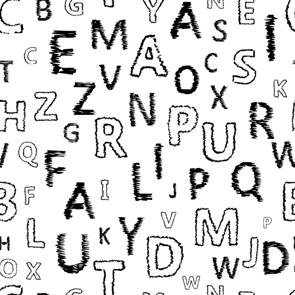 Doodle alphabet seamless background. Endless vector pattern with black letters on a white background.