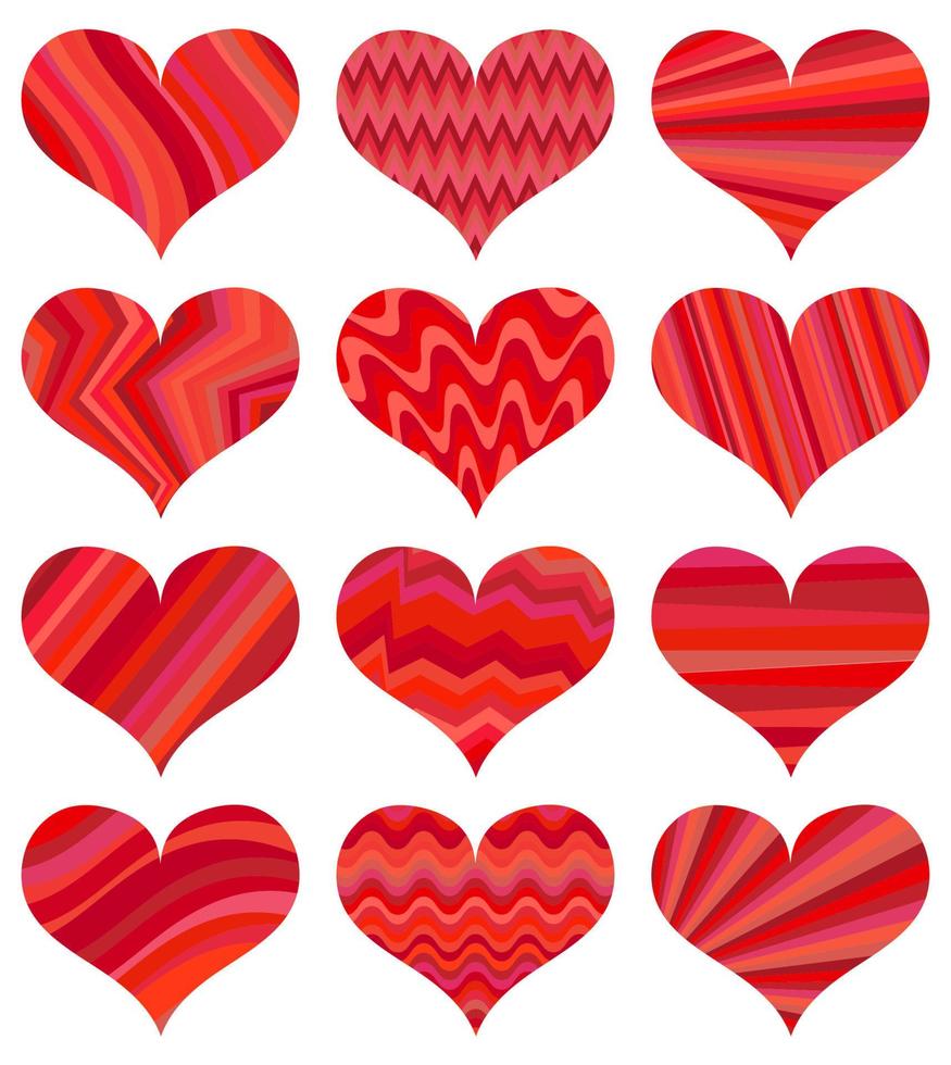 conjunto de diferentes corazones rojos. doce corazones aislados sobre fondo blanco. símbolo de amor. elementos para la plantilla de boda. vector