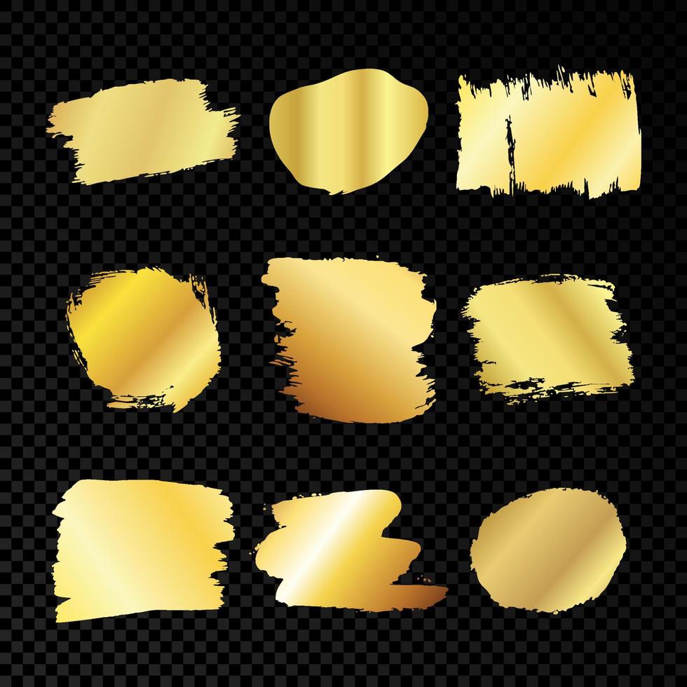 Gold smears on dark transparent background. Set of nine paint brush strokes. Grunge design element vector