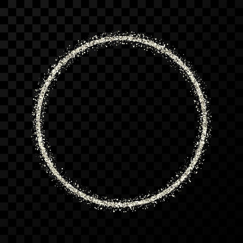 Silver glitter frame. Circle frame with shiny sparkles on dark transparent background. Vector illustration