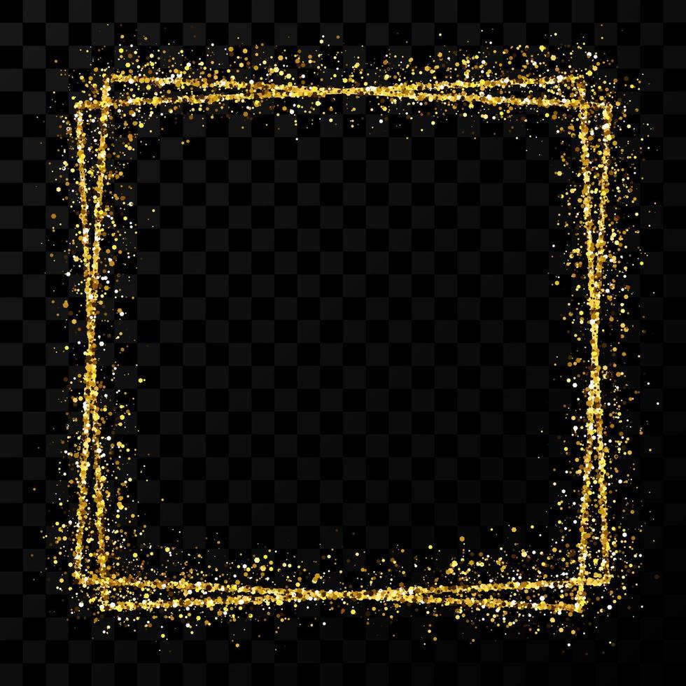 Gold double square frame. Modern shiny frame with light effects isolated on dark transparent background. Vector illustration.