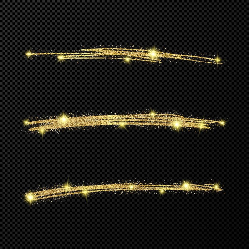 Abstract shiny confetti glittering waves. Set of three hand drawn brush golden strokes on black transparent background. Vector illustration