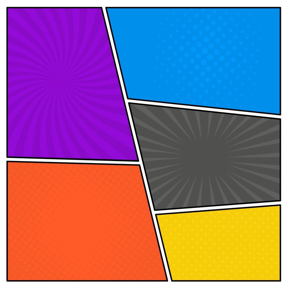 Colorful comic book page background in pop art style. Empty template with rays and dots pattern. Vector illustration