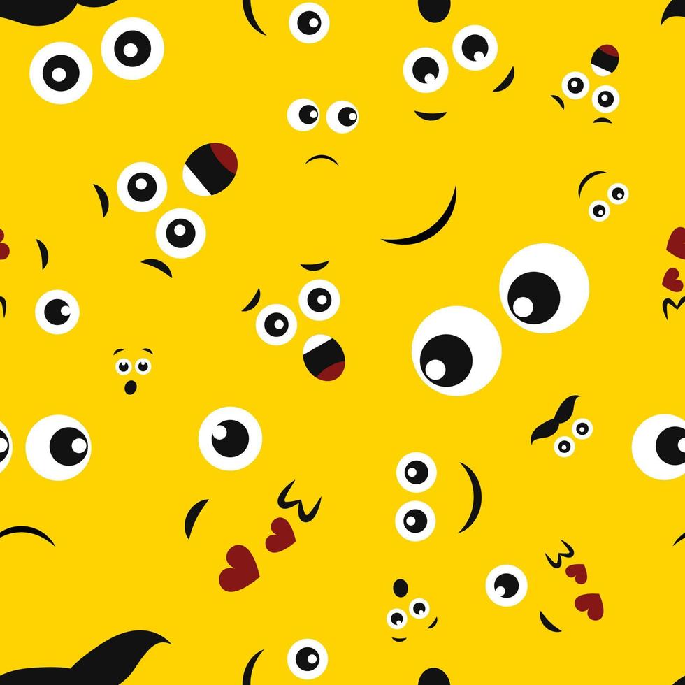 Cartoon faces with emotions. Seamless pattern with different emoticons on yellow background. Vector illustration