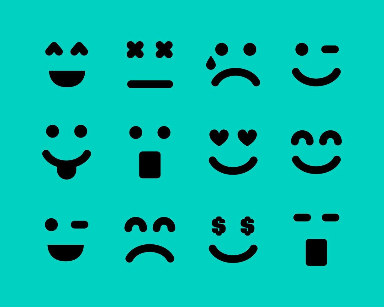 Cartoon faces with emotions. Set of twelve different emoticons. Vector illustration