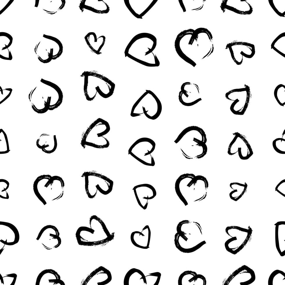 Seamless pattern with hand drawn hearts. Doodle grunge black hearts on white background. Vector illustration.