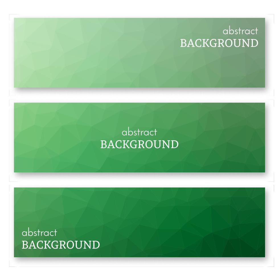 Set of three green banners in low poly art style. Background with place for your text. Vector illustration
