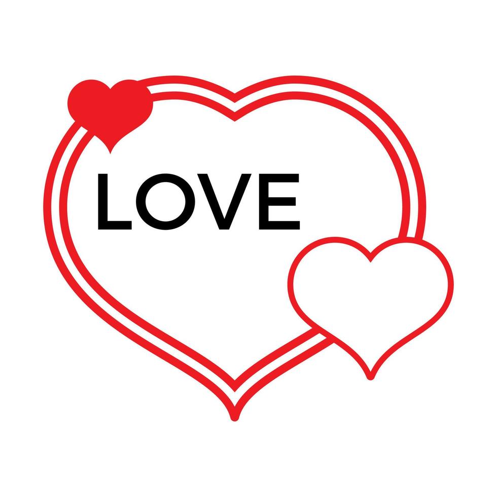 Three red hearts on a white background with black inscription Love. Vector illustration.