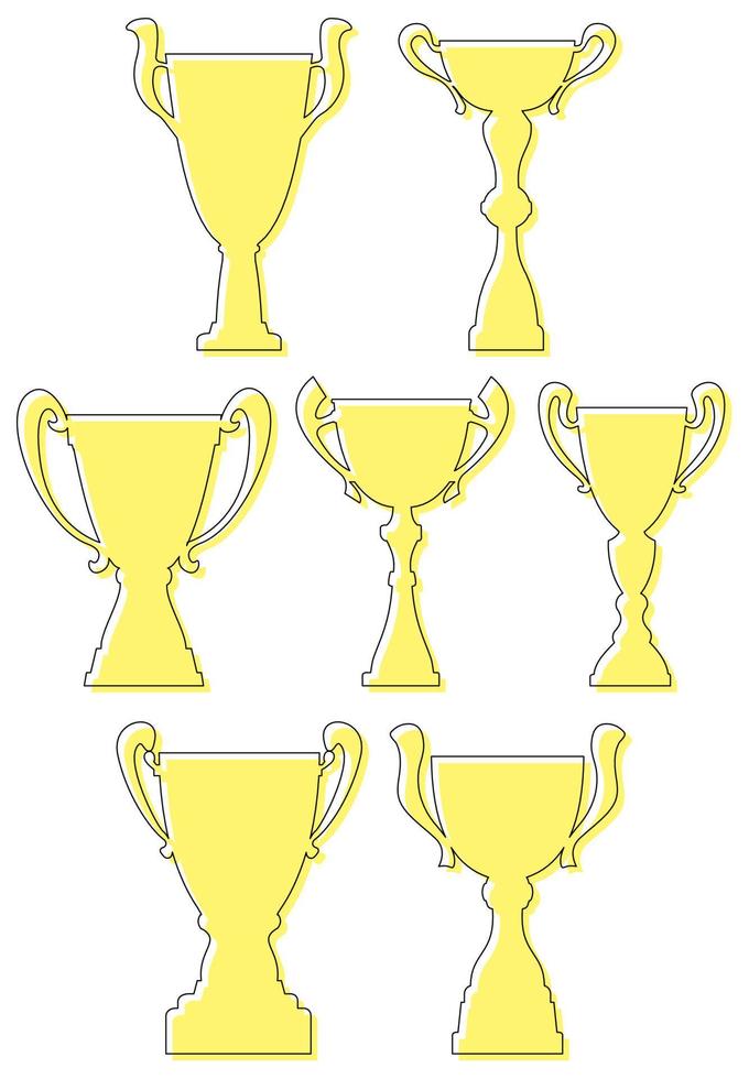 Set of seven champion cup. Championship prize for first place. Victory symbol. Vector illustration.