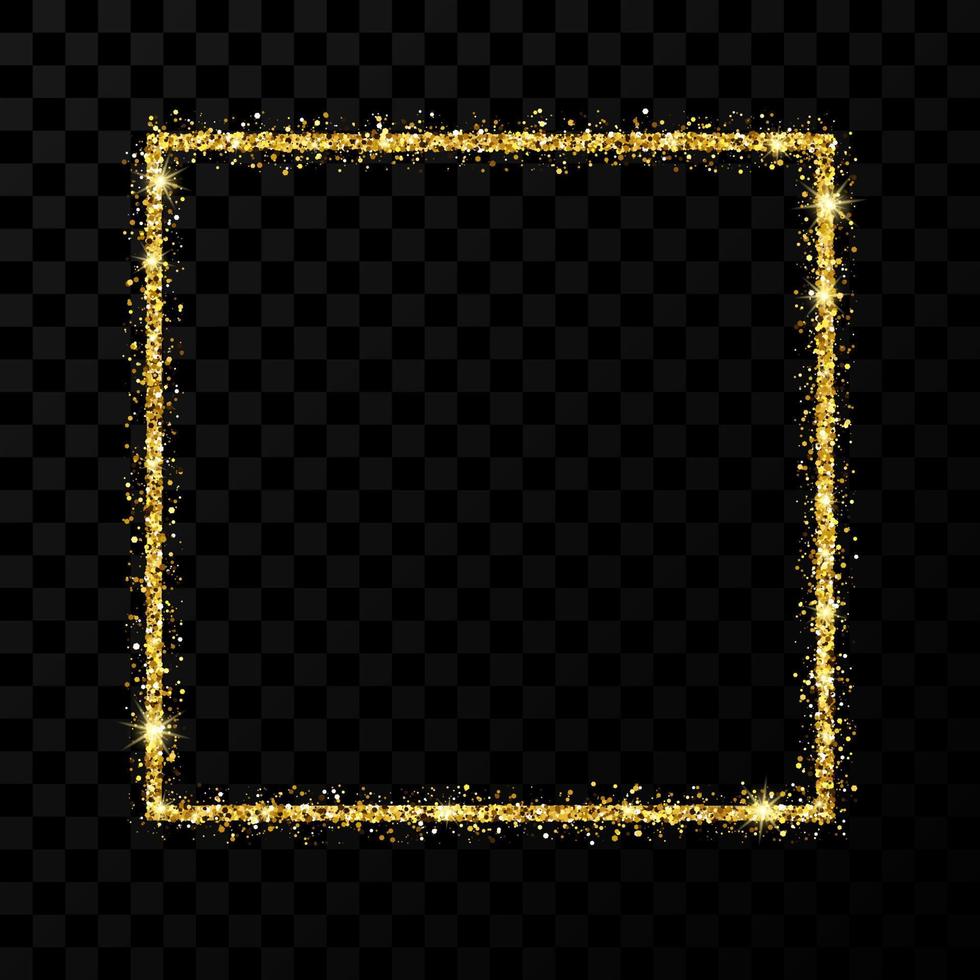 Gold glitter frame. Square frame with shiny stars and sparkles on dark transparent background. Vector illustration