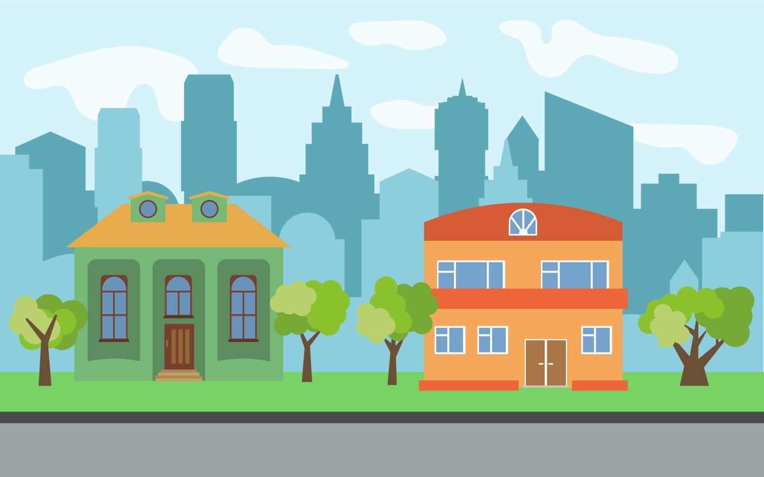 Vector city with two two-story cartoon houses and green trees in the sunny day. Summer urban landscape. Street view with cityscape on a background