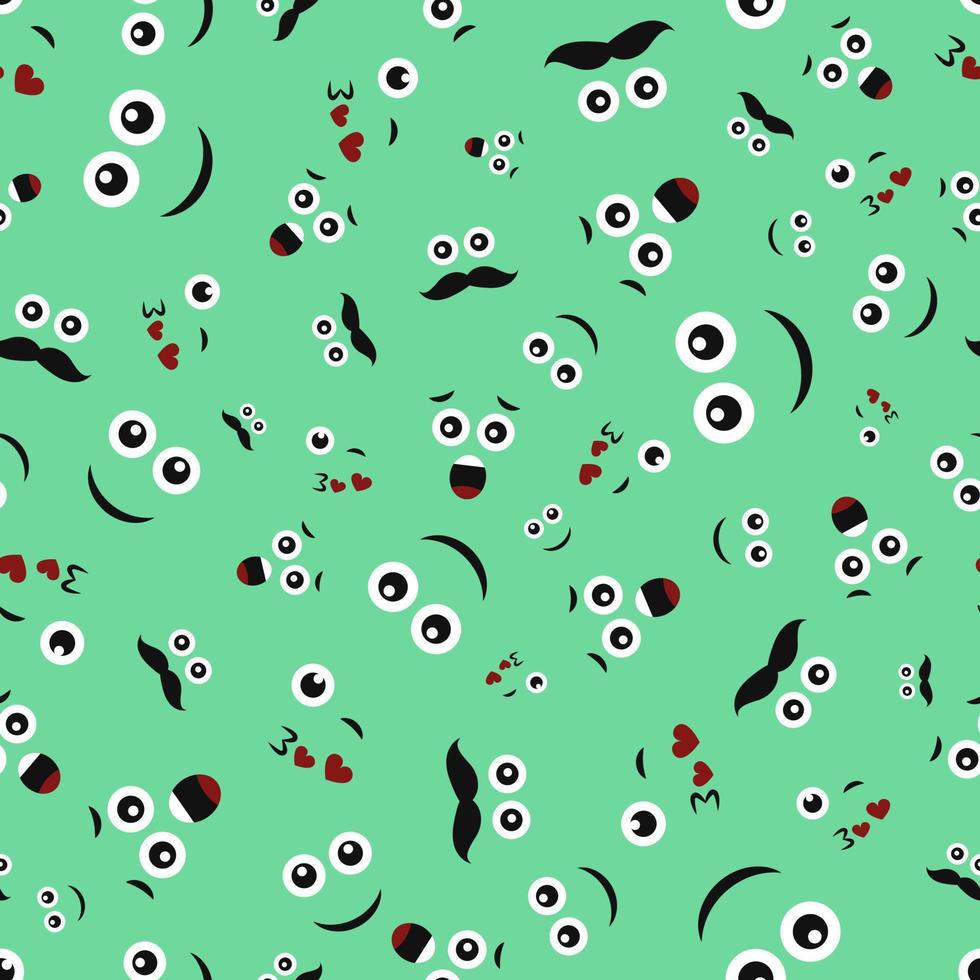 Cartoon faces with emotions. Seamless pattern with different emoticons on green background. Vector illustration