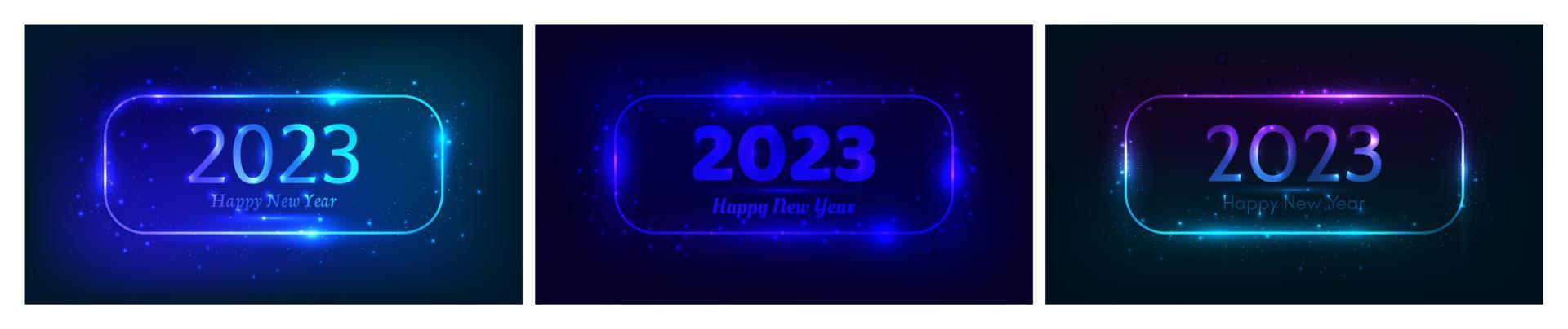 2023 Happy New Year neon background. Set of three neon backdrops with rounded rectangular frames with shining effects and sparkles and inscription Happy New Year. Dark background for Christmas holiday vector