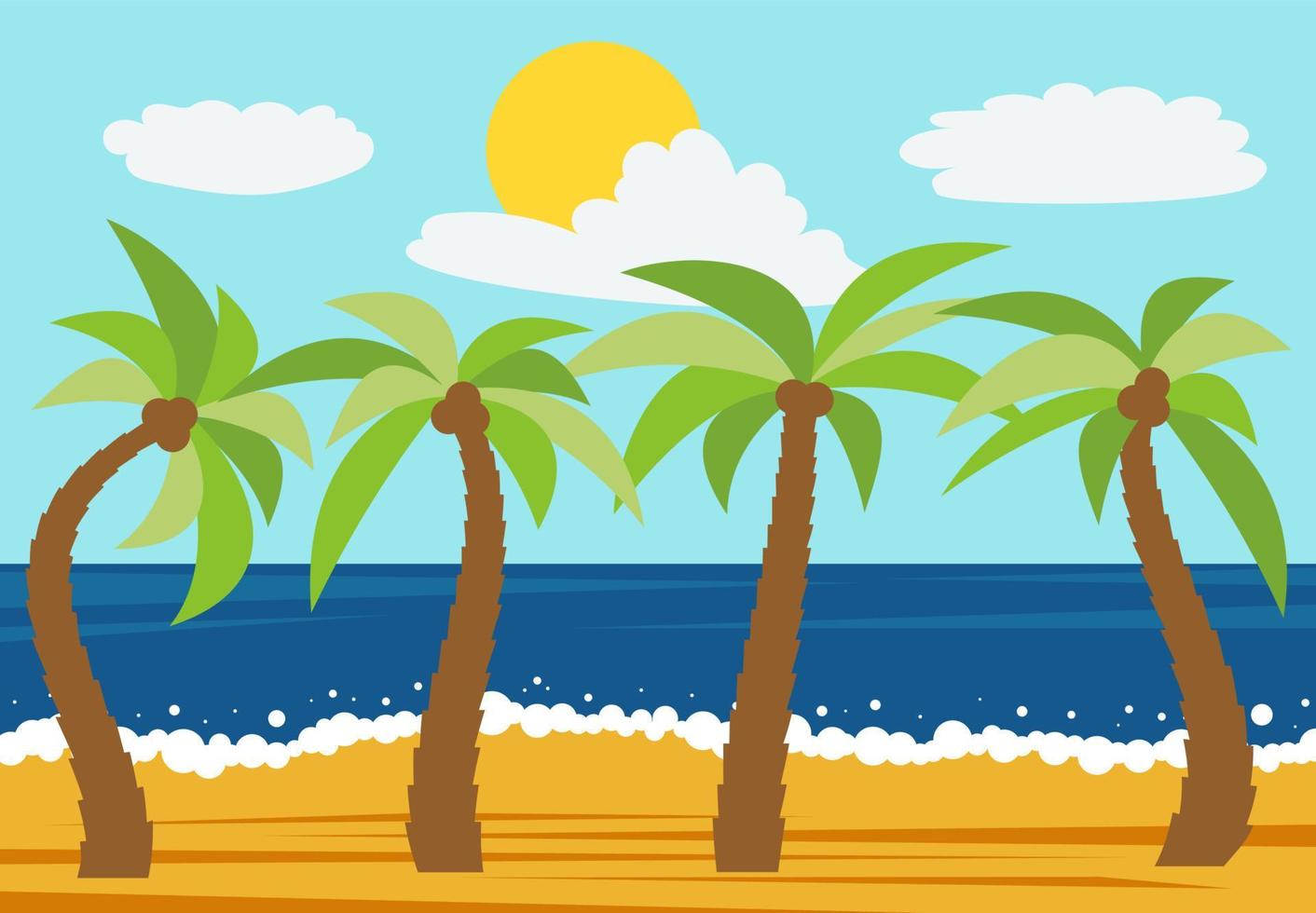 Cartoon nature landscape with four palms in the summer beach. Vector illustration.