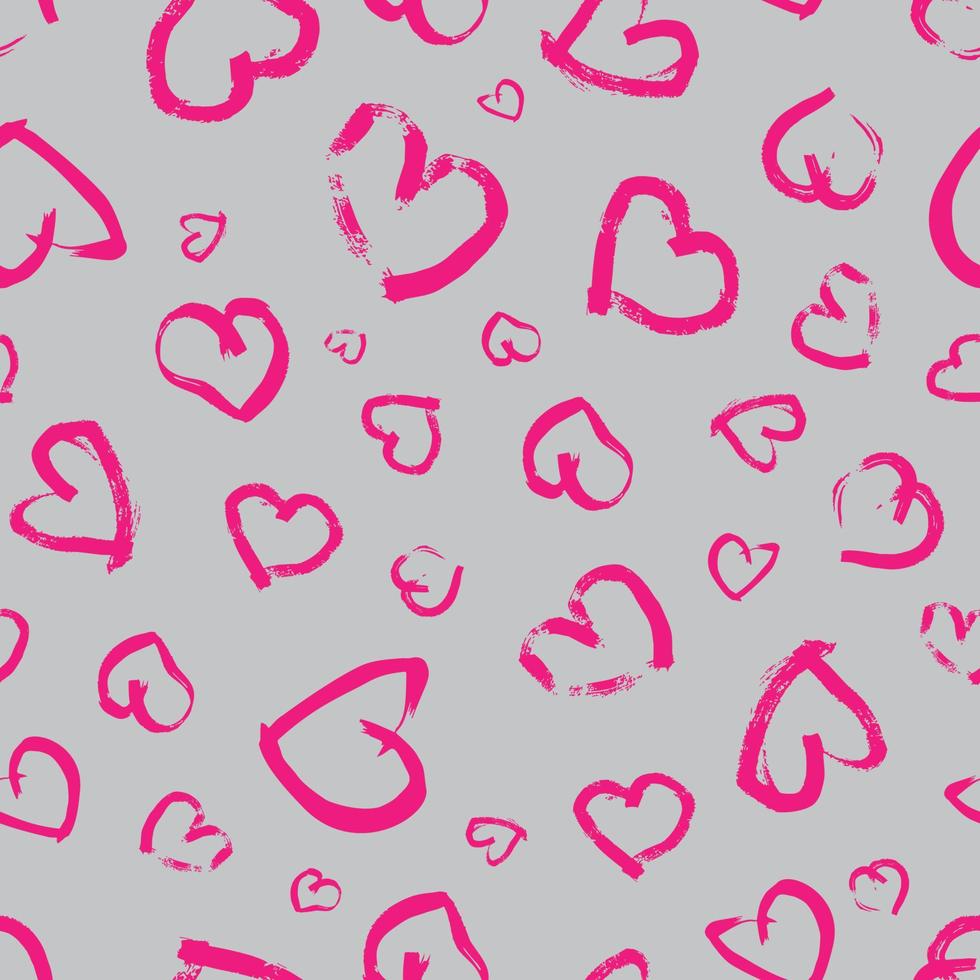 patrón sin costuras con corazones dibujados a mano. Doodle grunge rosa corazones sobre fondo gris. ilustración vectorial vector