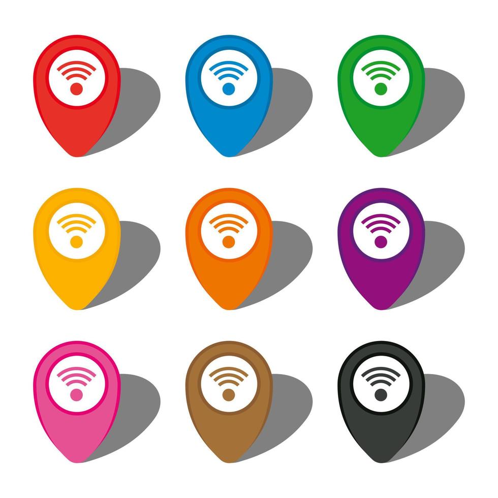 Set of nine colorful map pointers with wi-fi sign in white circle and with shadow. Vector illustration